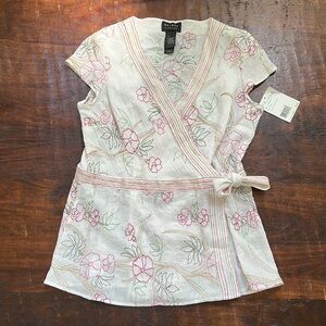 AXCESS Twee White Stipe & Multi Floral Embroidered Crinkle Wrap Top Blouse L